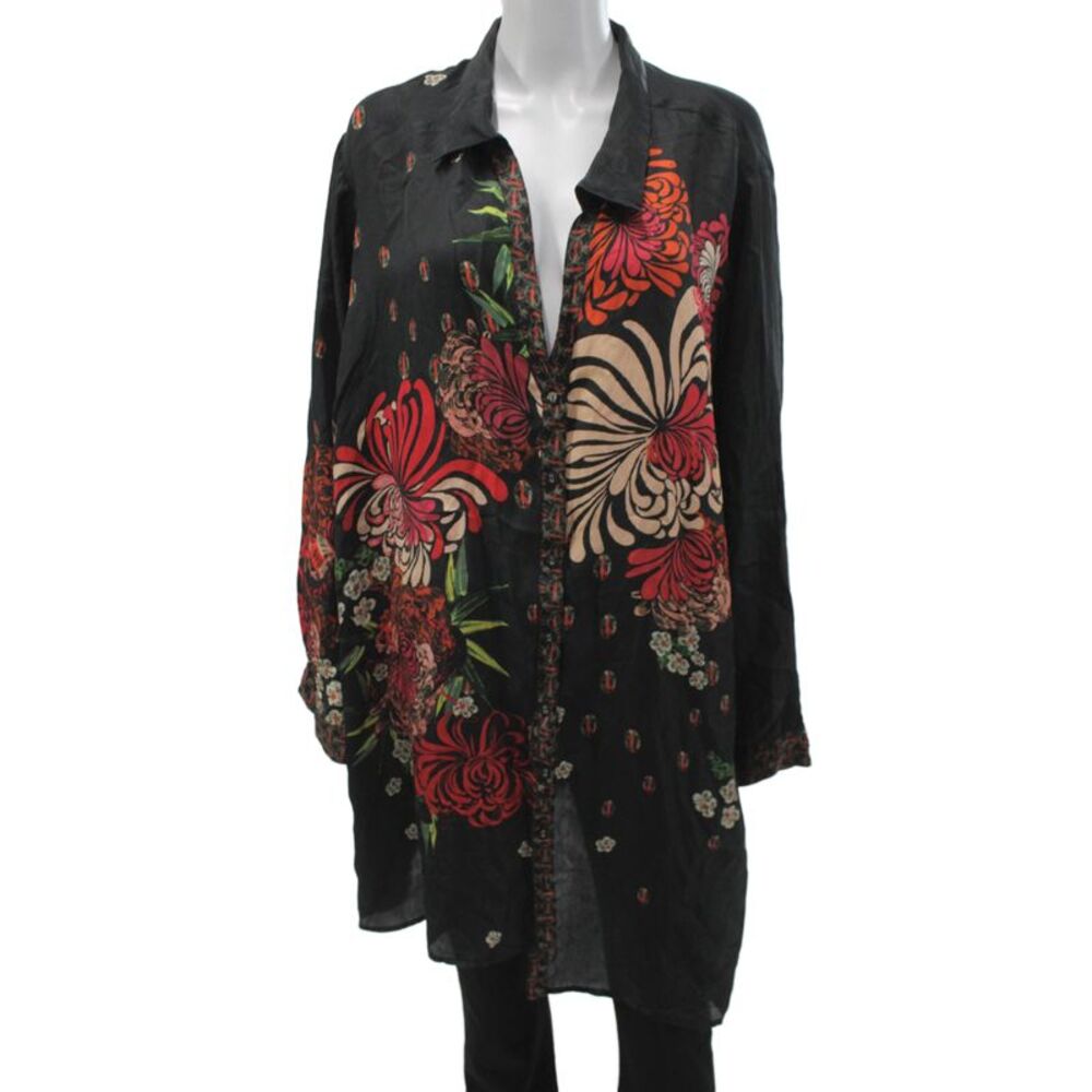 Johnny Was Women Tunic Button-Up Black Silk Collared Floral Long Sleeve Size 2X